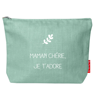 Trousse de toilette en lin Cadeau Fête des Mères et Grand-mères personnalisé Vert amande
